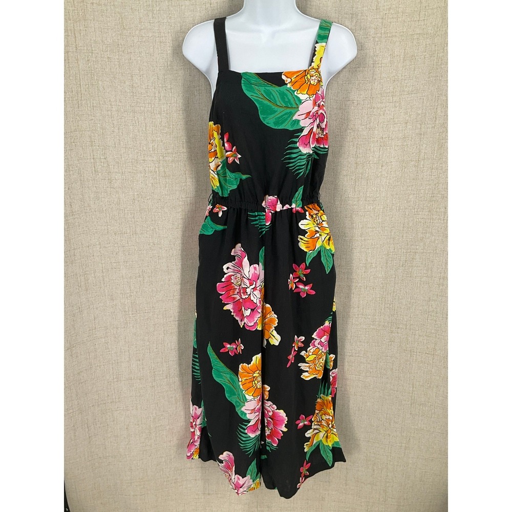 Old Navy Jumpsuit Women S Black Linen Floral Tropical Wide Leg Cropped Boho